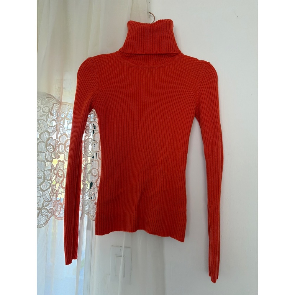 DKNY Turtleneck Sweater Womens P Tomato Red/Orange 100% Wool Ribbed Knit Vintage